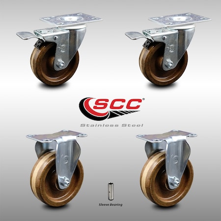 Service Caster 4 Inch SS High Temp Phenolic Top Plate Caster Lock Brake 2 Rigid SCC, 2PK SCC-SSTTL20S414-PHSHT-2-R-2
